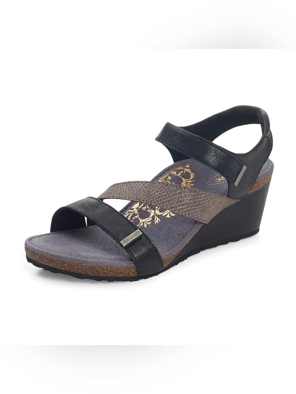Aetrex Brynn Velcro Strap Leather Wedge Sandals, EUC